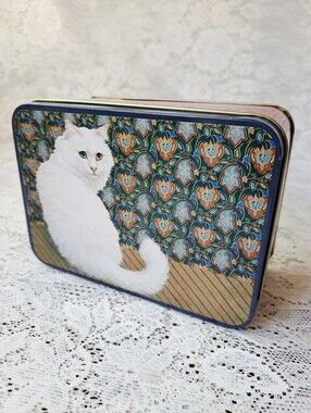 Vintage 80s Hallmark Springbok Cosmopolitan Cat Tin Metal Storage Box with Lid